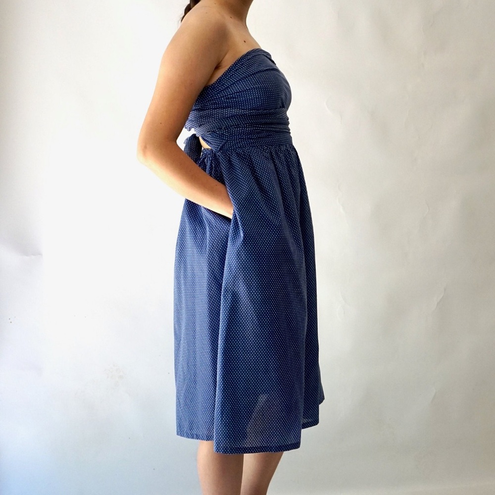 Strapless cotton handmade blue white polkadot dress - Picture 3 of 10